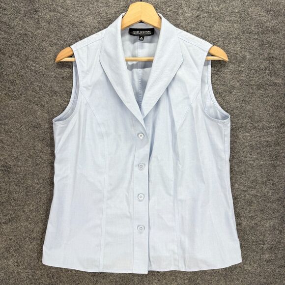 Jones New York Shirt Women 10 Blue Button Up Collared Sleeveless Wide Strap - Picture 1 of 7